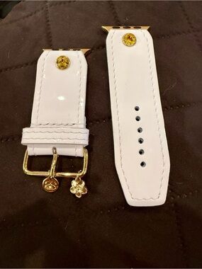 Luxe White Patent Leather Watch Band with Gold Flower Charm